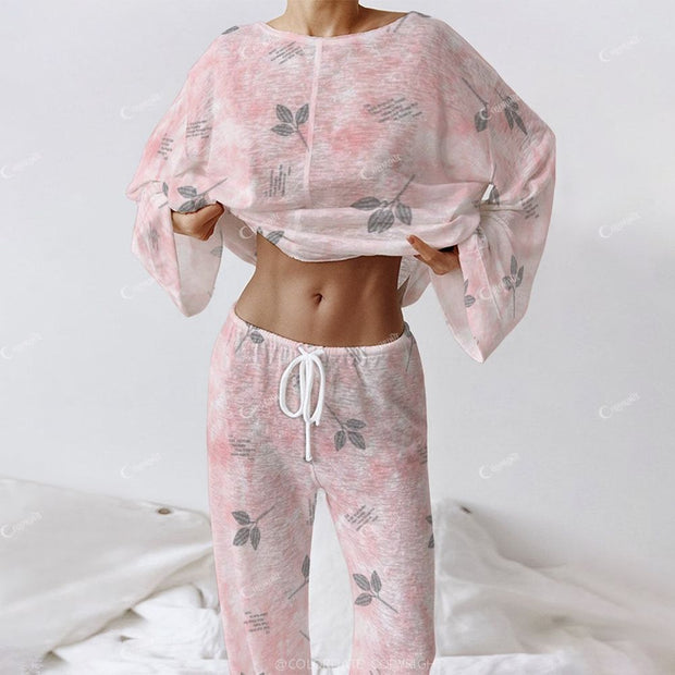 Women's Retro Flower Gradient Colorblock Polka Dot Long Sleeve Cotton Homewear Set