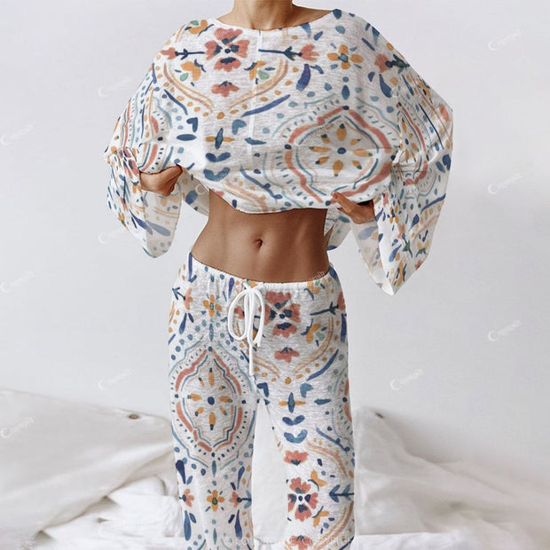Women's Vintage Bohemian Flowers Long Sleeve Cotton Homewear Set