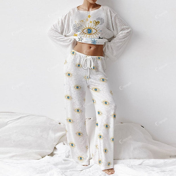 Colordate Women's Stars And Blue Eyes Long Sleeve Cotton Homewear Set