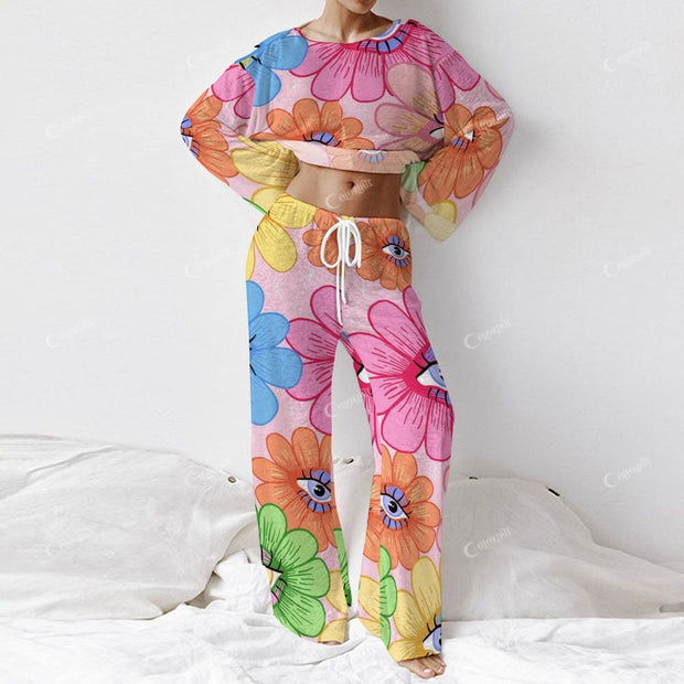 Colordate Women's Sunflower With Eye Print Long Sleeve Cotton Homewear Set