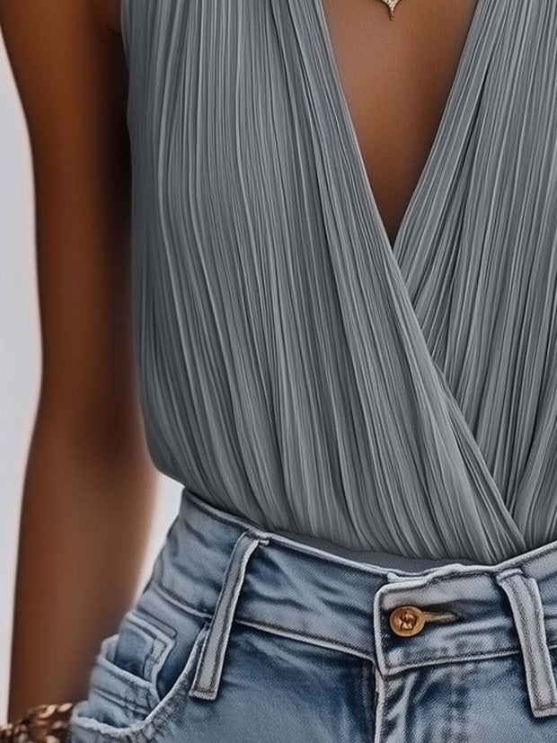 Pleated Chiffon Crossover V-Neck Sleeveless Tank Top