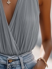 Pleated Chiffon Crossover V-Neck Sleeveless Tank Top