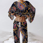 Colordate Women's Cashew Nut Pattern Print Long Sleeve Cotton Homewear Set