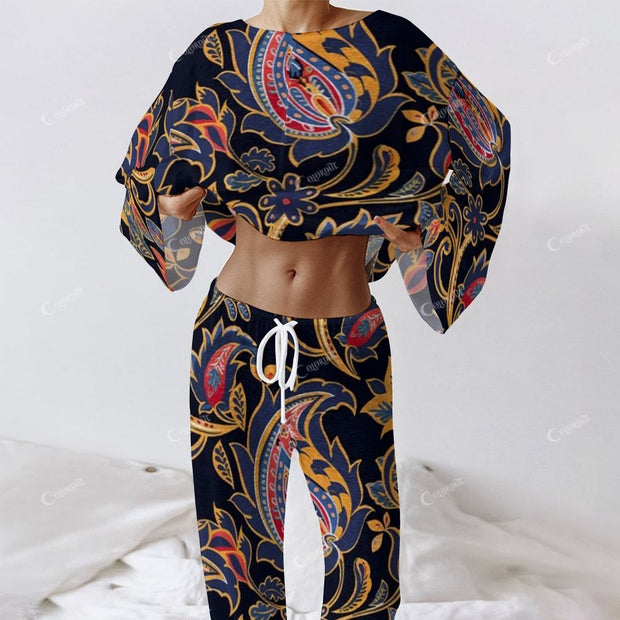 Colordate Women's Cashew Nut Pattern Print Long Sleeve Cotton Homewear Set