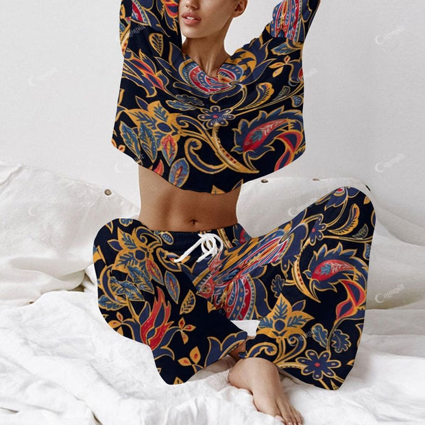 Colordate Women's Cashew Nut Pattern Print Long Sleeve Cotton Homewear Set