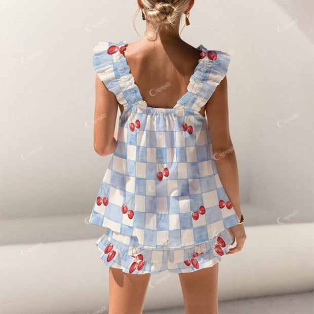 Short Tank Top Shorts Blue Plaid Cherry Pajama Set