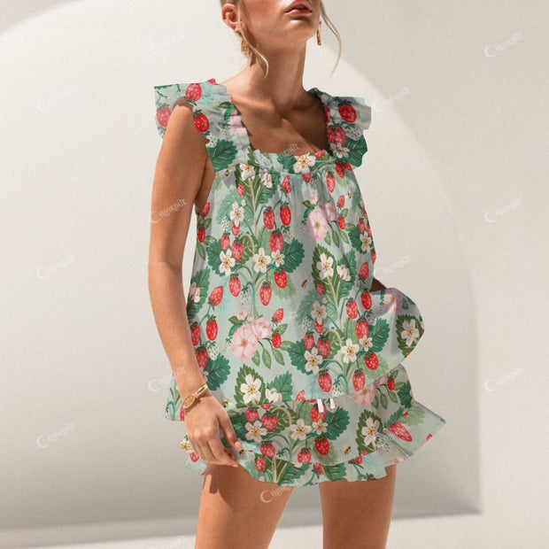 Short Tank Top Shorts Green Flower Strawberry Pajama Set