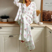 Colordate Love Whisper Women's Bows And Flowers Print Cotton Cardigan Homewear Set