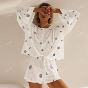 Women's Colorful Cartoon Flower Heart Long Sleeve Shorts Set