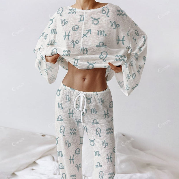 Colordate Women's Constellation Print Long Sleeve Cotton Homewear Set