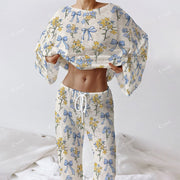 Colordate Women's Blue Bow And Yellow Flower Print Long Sleeve Cotton Homewear Set