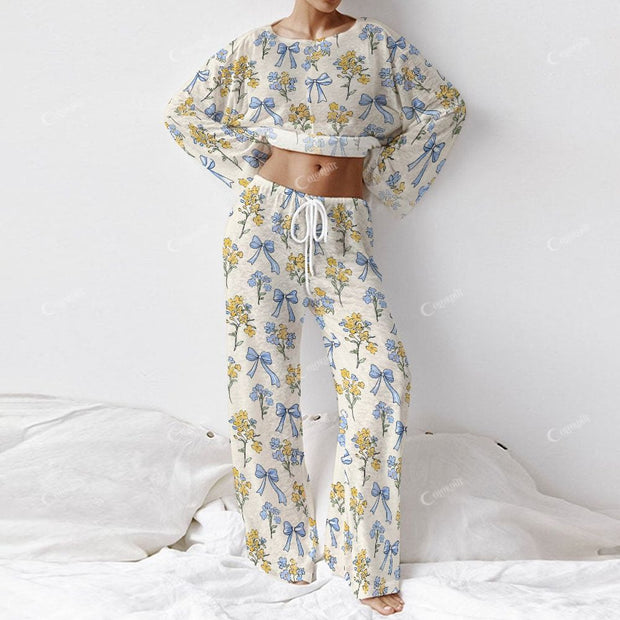 Colordate Women's Blue Bow And Yellow Flower Print Long Sleeve Cotton Homewear Set