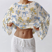 Colordate Women's Blue Bow And Yellow Flower Print Long Sleeve Cotton Homewear Set