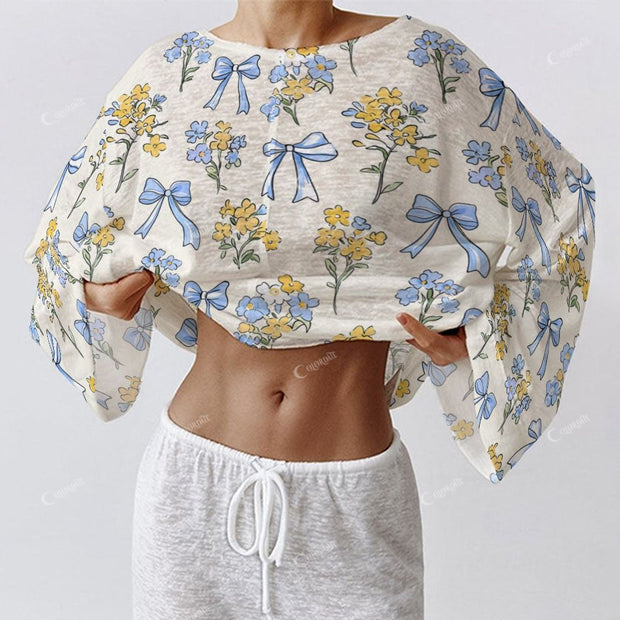 Colordate Women's Blue Bow And Yellow Flower Print Long Sleeve Cotton Homewear Set
