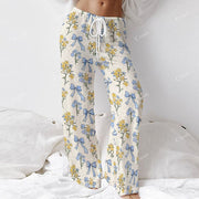 Colordate Women's Blue Bow And Yellow Flower Print Long Sleeve Cotton Homewear Set
