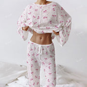 Colordate Women's Pink Bow Print  Long Sleeve Cotton Homewear Set