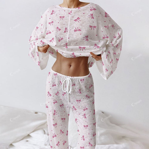Colordate Women's Pink Bow Print  Long Sleeve Cotton Homewear Set