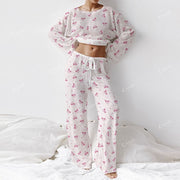 Colordate Women's Pink Bow Print  Long Sleeve Cotton Homewear Set