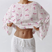 Colordate Women's Pink Bow Print  Long Sleeve Cotton Homewear Set
