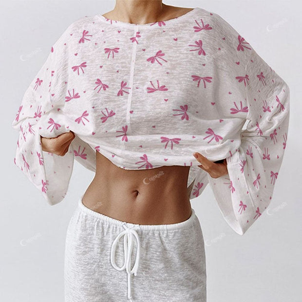 Colordate Women's Pink Bow Print  Long Sleeve Cotton Homewear Set