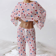 Colordate Women's Heart Print Long Sleeve Cotton Homewear Set