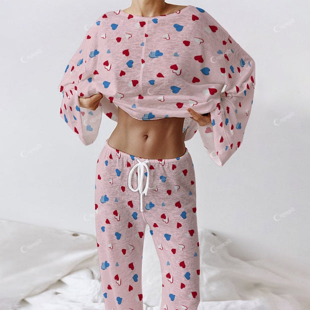 Colordate Women's Heart Print Long Sleeve Cotton Homewear Set