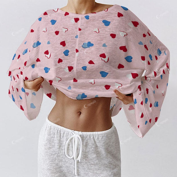 Colordate Women's Heart Print Long Sleeve Cotton Homewear Set