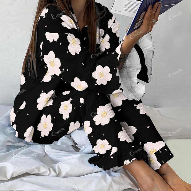 Floral Fantasia Women's Black And White Flowers Vintage Printed Linen Cotton Suit