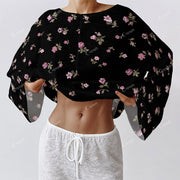 Women's Long French Elegant Floral Black Sleeve Cotton Homewear Set
