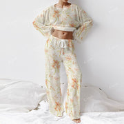 Colordate Women's Orange Flowers Long Sleeve Cotton Homewear Set