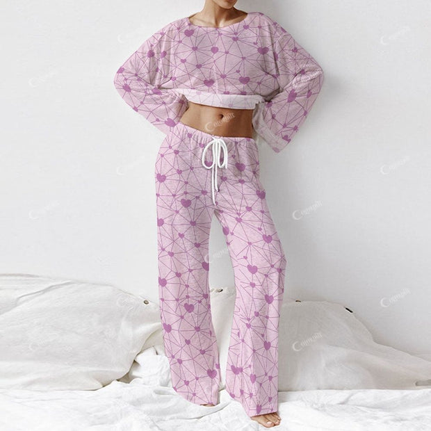 Colordate Amour Lavender Women's Purple Heart Print Long Sleeve Cotton Homewear Set