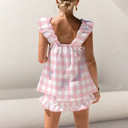 Short Lazy Pink Plaid Tank Top Shorts Pajama Set