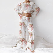 Colordate Women's Bow And Flower Print Long Sleeve Cotton Homewear Set