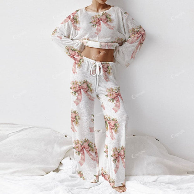 Colordate Women's Bow And Flower Print Long Sleeve Cotton Homewear Set