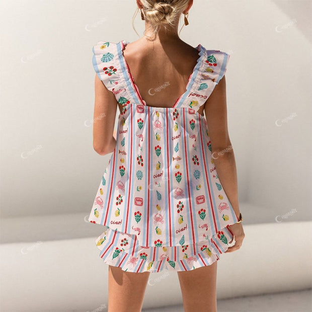 Colordate Fish, Shrimp And Fruit Prints Short Tank Top Shorts Pajama Set
