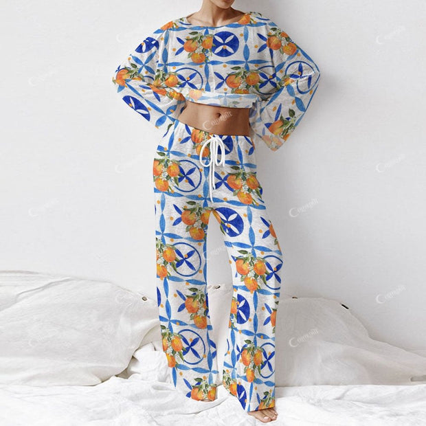 Colordate Women's Fruits And Geometric Prints Long Sleeve Cotton Homewear Set