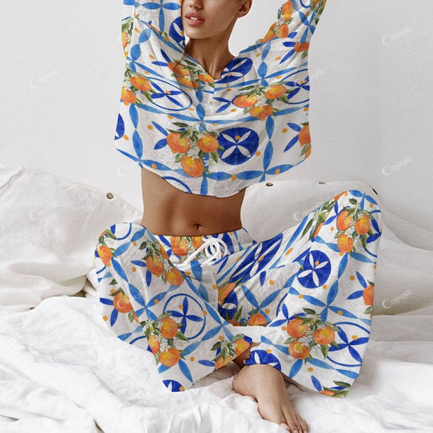 Colordate Women's Fruits And Geometric Prints Long Sleeve Cotton Homewear Set
