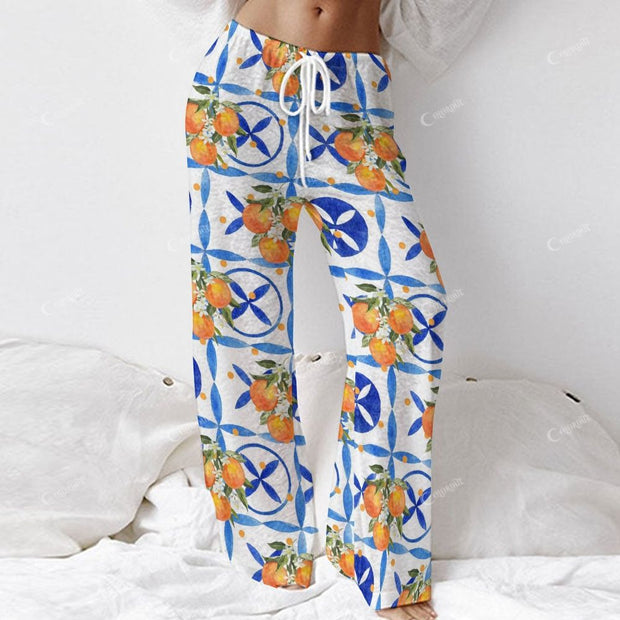 Colordate Women's Fruits And Geometric Prints Long Sleeve Cotton Homewear Set