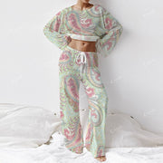 Colordate Women's Colorful Paisley Pattern Print Long Sleeve Cotton Homewear Set