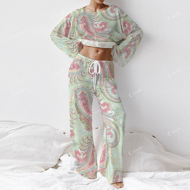 Colordate Women's Colorful Paisley Pattern Print Long Sleeve Cotton Homewear Set