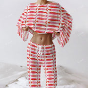 Colordate Women's Red Small Fish Print Long Sleeve Cotton Homewear Set