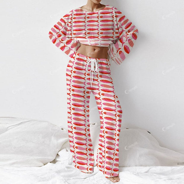 Colordate Women's Red Small Fish Print Long Sleeve Cotton Homewear Set