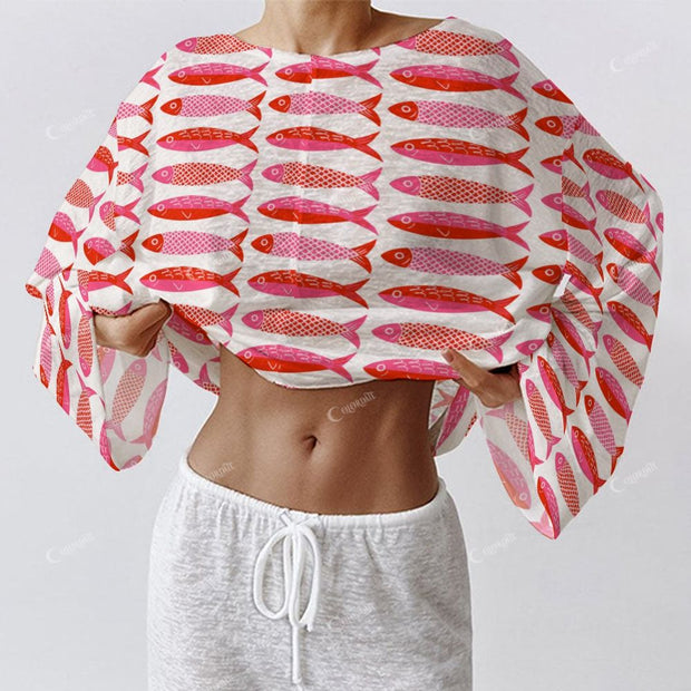Colordate Women's Red Small Fish Print Long Sleeve Cotton Homewear Set