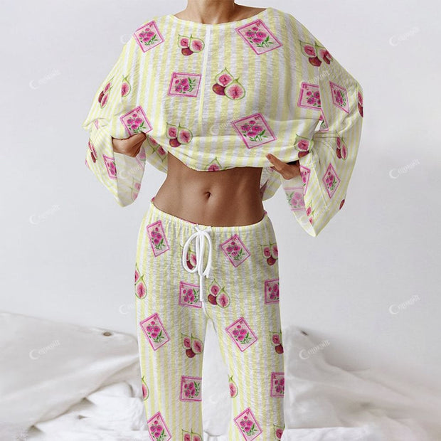 Colordate Women's FIG Print Long Sleeve Cotton Homewear Set