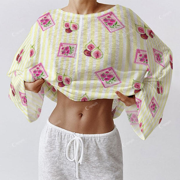Colordate Women's FIG Print Long Sleeve Cotton Homewear Set