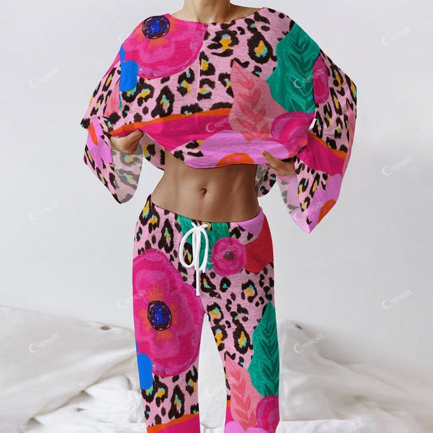 Colordate Women's Floral And Leopard Print Long Sleeve Cotton Homewear Set