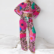 Colordate Women's Floral And Leopard Print Long Sleeve Cotton Homewear Set