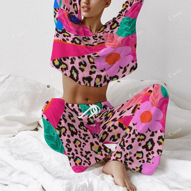 Colordate Women's Floral And Leopard Print Long Sleeve Cotton Homewear Set