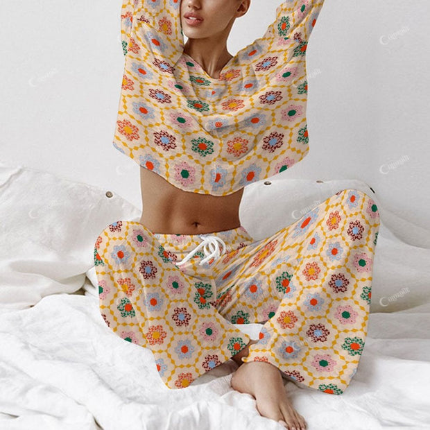 Colordate Women's Pattern Printing Long Sleeve Cotton Homewear Set