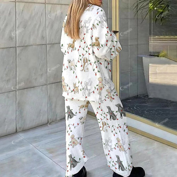 Colordate Puppy And Lamp Print Loungewear Set For Women
